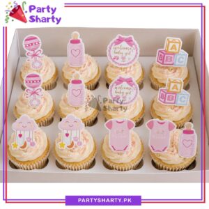 12pcs Welcome Baby Girl Theme Cup Cake Toppers for Its a Girl Theme Party & Decoration