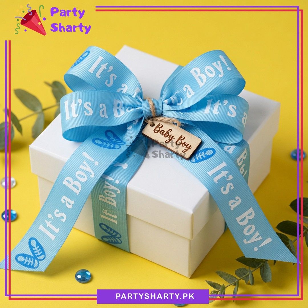 Imported It's a Boy Printed Lining Texture Light Blue Ribbons For Welcome Baby Gift Packing - Image 2
