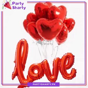 Love Scripted Foil Banner with 4 Heart Shaped Foil Balloons For Birthday, Wedding, Anniversary & Valentine Party Decoration